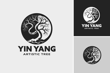 Yin yang artistic tree logo design is a visually appealing logo featuring a tree design with a yin yang symbol incorporated. - obrazy, fototapety, plakaty