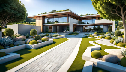 Aménagement d'un jardin minéral devant la maison moderne, avec allée en pavé, bordures et galets, design extérieur, aménagement paysager - IA générative