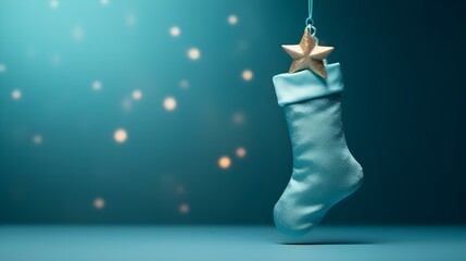 Isolated cyan Christmas Stocking in front of a festive Background. Cheerful Template with Copy Space