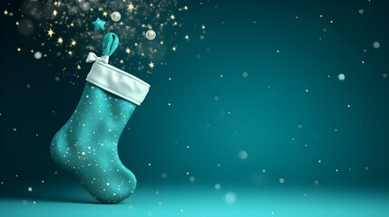 Isolated cyan Christmas Stocking in front of a festive Background. Cheerful Template with Copy Space