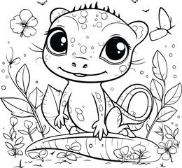 Cute little baby lizard. Coloring book page for kids.