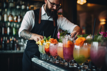 Bartender mixing colorful cocktails