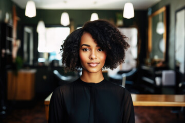 Portrait of a happy smiling African american woman hair salon owner - obrazy, fototapety, plakaty
