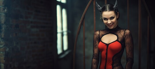 Fototapeta na wymiar Beautiful Smiling Woman wearing Dessous inspired by the Devil Demon Hell Pact Look - Sinful Elegance Temptress's Smile Enchanting Demon Girl Devil Background created with Generative AI Technology