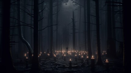 Dark gloomy forest with fog and magical light of lanterns. Generation AI