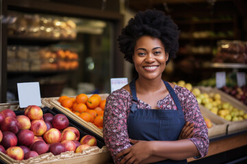 Portrait of a happy smiling African american woman fruits and vegetables shop owner