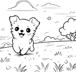 Cute cartoon pomeranian dog in the meadow. Vector illustration.