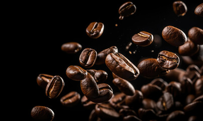 coffee beans dropping with dark background