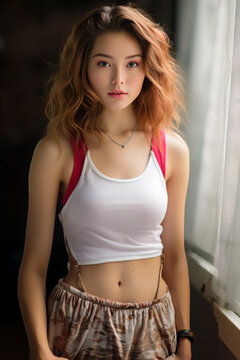 Stunning and beautiful young lady wearing top tanks posing in front of camera. Modeling concept.