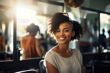 Portrait of a young black woman looking at her new haircut in mirror in the hair salon