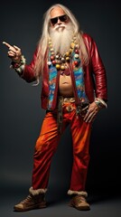 Senior man trendy hipster santa claus wearing a costume pointing.