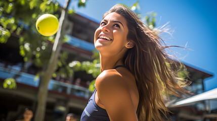 Joven latina al aire libre disfrutando del verano jugando pickleball el sol iumina su cabello y se encuentra muy sonriente