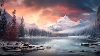 Beautiful winter mountain landscape, river, forest, mountains. Generation AI