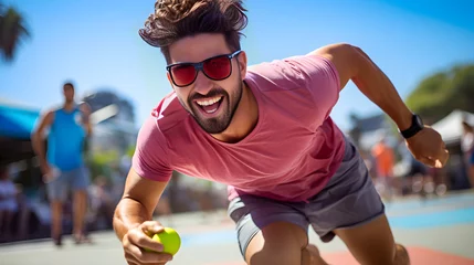Poster Latino en Acción jugando  Pickleball al aire libre bajo el sol cileo azul y actividad deportiva © ClicksdeMexico