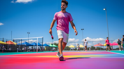 Deporte de Pickleball en el Verano hombre joven practicando deporte en el verano bajo el sol