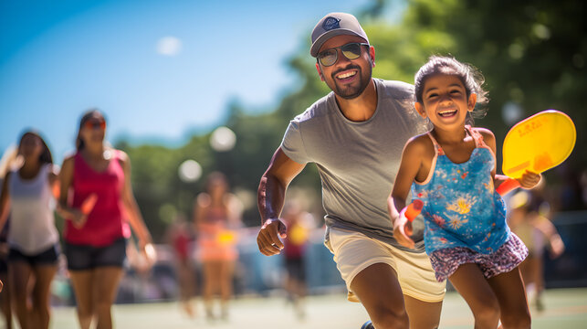 Latino en Acci&oacute;n jugando  Pickleball al aire libre bajo el sol cileo azul y actividad deportiva