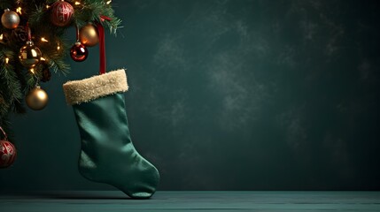 Isolated dark green Christmas Stocking in front of a festive Background. Cheerful Template with...