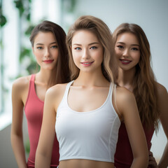 Stunning and beautiful young ladies wearing top tanks looking at the camera. Modeling concept