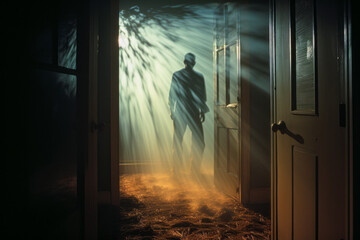 Fototapeta premium Suspenseful silhouette of a ghostly man in front of a frosted door, embodying mystery and fear.