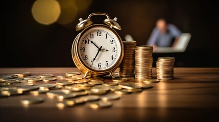 Financial Planning with Clock and Money Heap on Rustic Table - obrazy, fototapety, plakaty