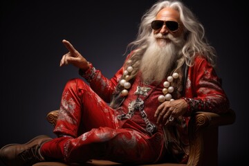 Happy senior man trendy hipster santa claus sitting. - obrazy, fototapety, plakaty