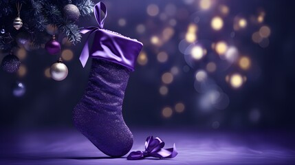 Isolated dark purple Christmas Stocking in front of a festive Background. Cheerful Template with...