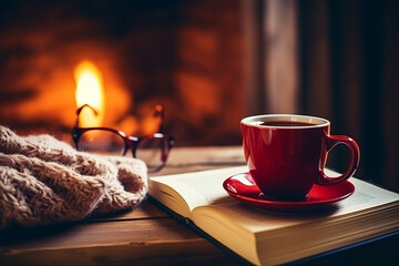 Hot tea or coffee in a red mug, ginger cookies, book and glasses on vintage wood table. Fireplace as background