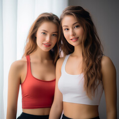 Stunning and beautiful young ladies wearing top tanks posing in front of camera. Modeling concept