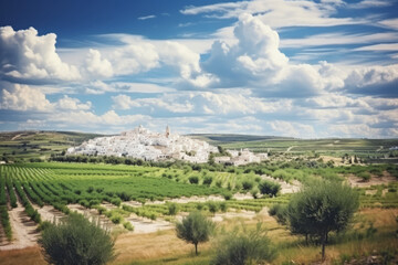 Fototapeta na wymiar Landscape in Puglia, Italy, with the white city citta bianca Ostuni on a hill above an olive tree orchard under a cloudy sky