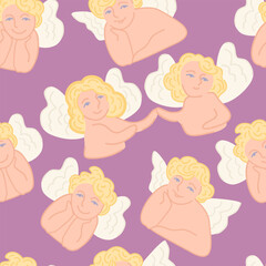 Angels. Vector seamless pattern on pink background. Cute childish illustration.