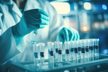 Medical Gloves Handling Test Tube Vials in Laboratory, Vaccine, Covid - Generative AI