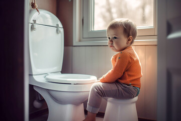 A small child sits in front of the toilet with a puzzled face. Potty training a child. - obrazy, fototapety, plakaty