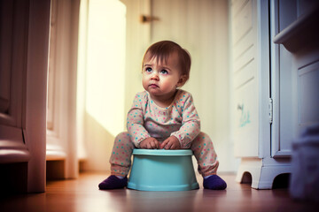 A small child sits on a potty with a puzzled face. Potty training a child. - obrazy, fototapety, plakaty