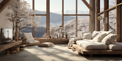Interior Design, Minimalistic Living room with serene nature view, Beautiful villa design in the forest