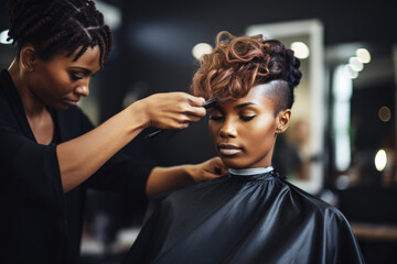 Beautiful black woman getting haircut done by hairstylist in hair salon - obrazy, fototapety, plakaty