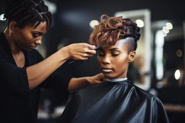 Glasbilder Schönheitssalon Beautiful black woman getting haircut done by hairstylist in hair salon