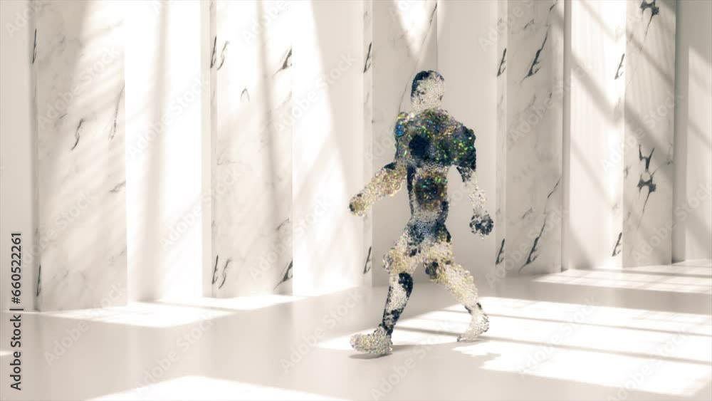 Poster walking man with 3d motion of dispersed balls, based on the use of small ball spheres or bubbles-par