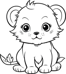 Black and White Cartoon Illustration of Cute Baby Lion Animal Character Coloring Book