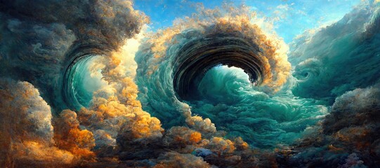 Portal opens in the heavens, swirling dimensional vortex of clouds and huge ocean waves, sunset golden hour orange with aquamarine blue, mesmerizing surreal fantasy cloudscape.  - obrazy, fototapety, plakaty