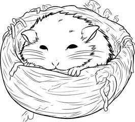 Hamster in the nest. Black and white vector illustration for coloring book.