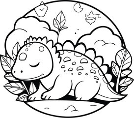 cute dinosaur in the field with leafs and moon vector illustration design