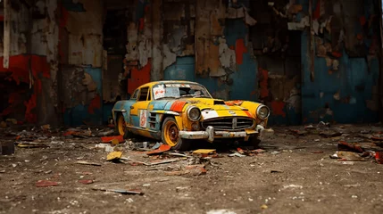 Foto auf Acrylglas Oldtimer An old broken down car wreck. Multi colored panels. Smashed glass. Vintage car. Urban grunge. Graffiti background. Garbage. Wreckage.