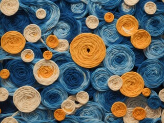 abstract background yarn blue, yellow and white circles with attractive light and details 