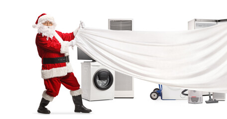 Santa Claus pulling a white piece of cloth in front of home appliances - obrazy, fototapety, plakaty