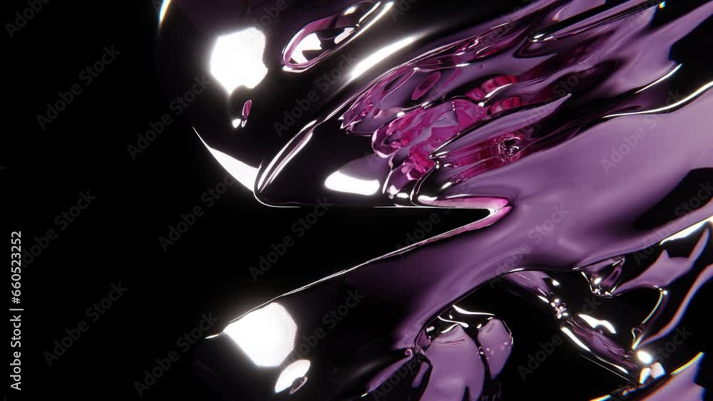 Poster abstract metallic chrome liquid splashes, illuminated movement of purple fluid, 3d 4k 30 fps seamles