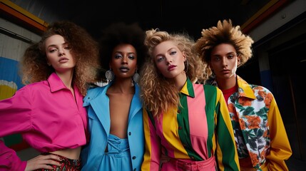 A group of individuals confidently showcasing the iconic new wave style from the 80s, complete with vibrant fashion and distinctive hairstyles. Generative AI.