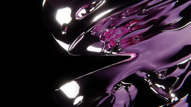 Abstract metallic chrome liquid splashes, illuminated movement of purple fluid, 3D 4K 30 fps seamless loop animation render