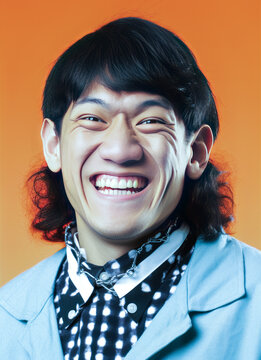 Compelling portrait of a unique young Asian man against plain studio background.