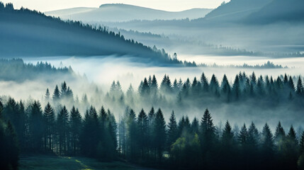 A serene misty landscape featuring a dense fir forest, captured in a vintage 52 style.