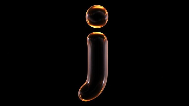 Animation of glowing lowercase alphabet letter j isolated on black background in 3d rendering.